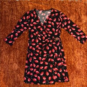 Elegant Black and Red Leaf Print Wrap Dress